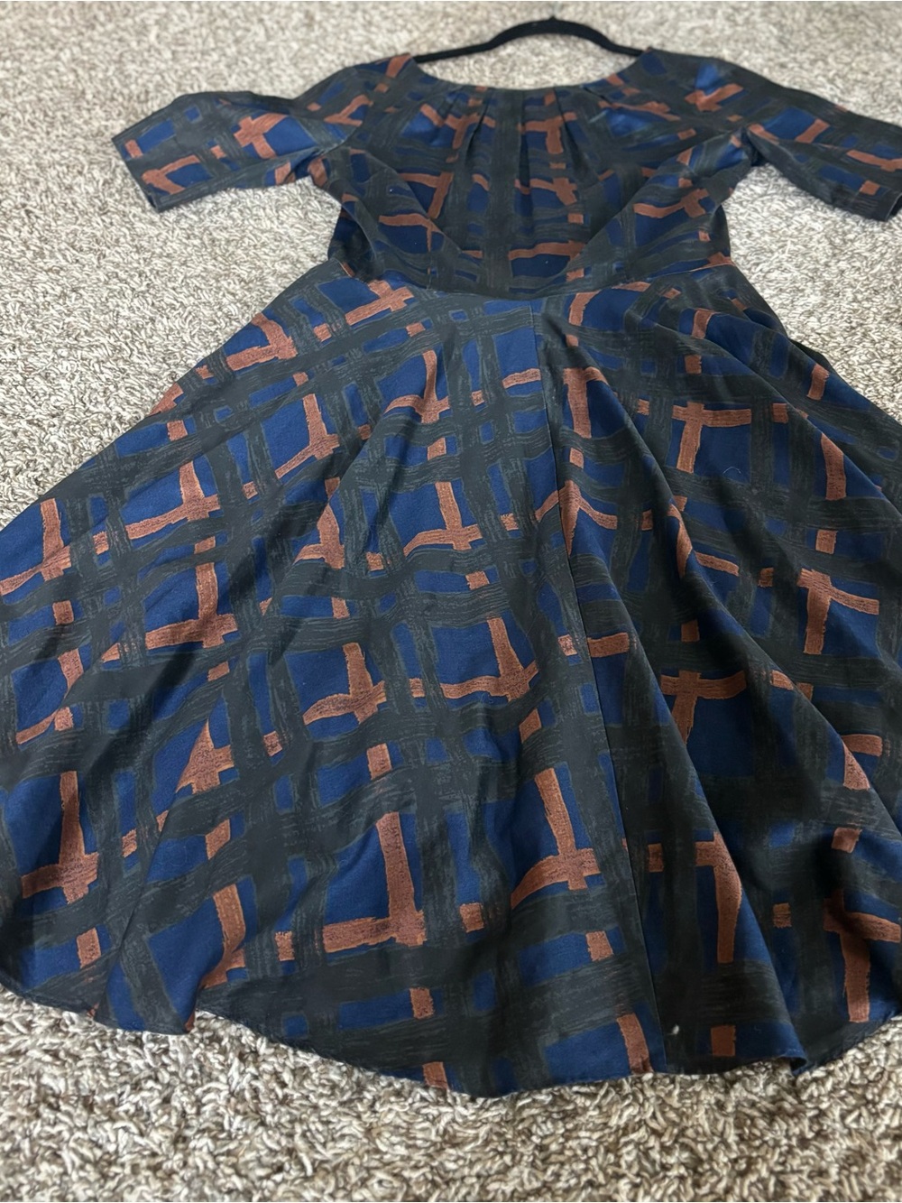 Boden Navy, Black & Brown Patterned Midi Fit-and-Flare Dress 6L